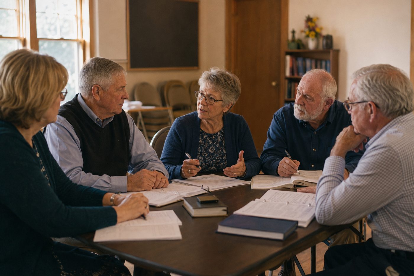 A church board of five members reviewing binders and documents together around a table