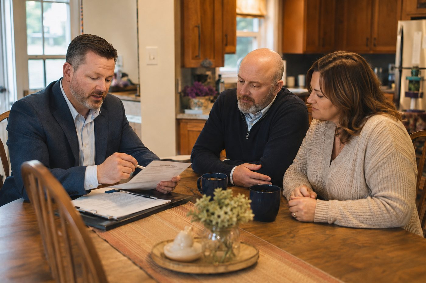 An insurance specialist walking a couple through a policy document at their kitchen table