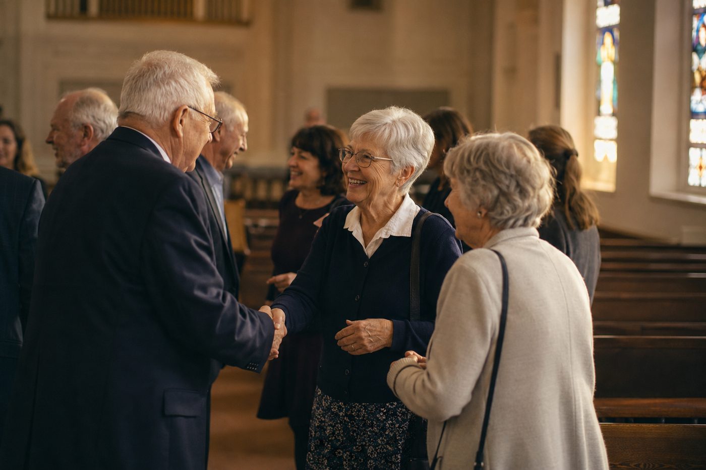 Church members greeting one another warmly between the pews after a service